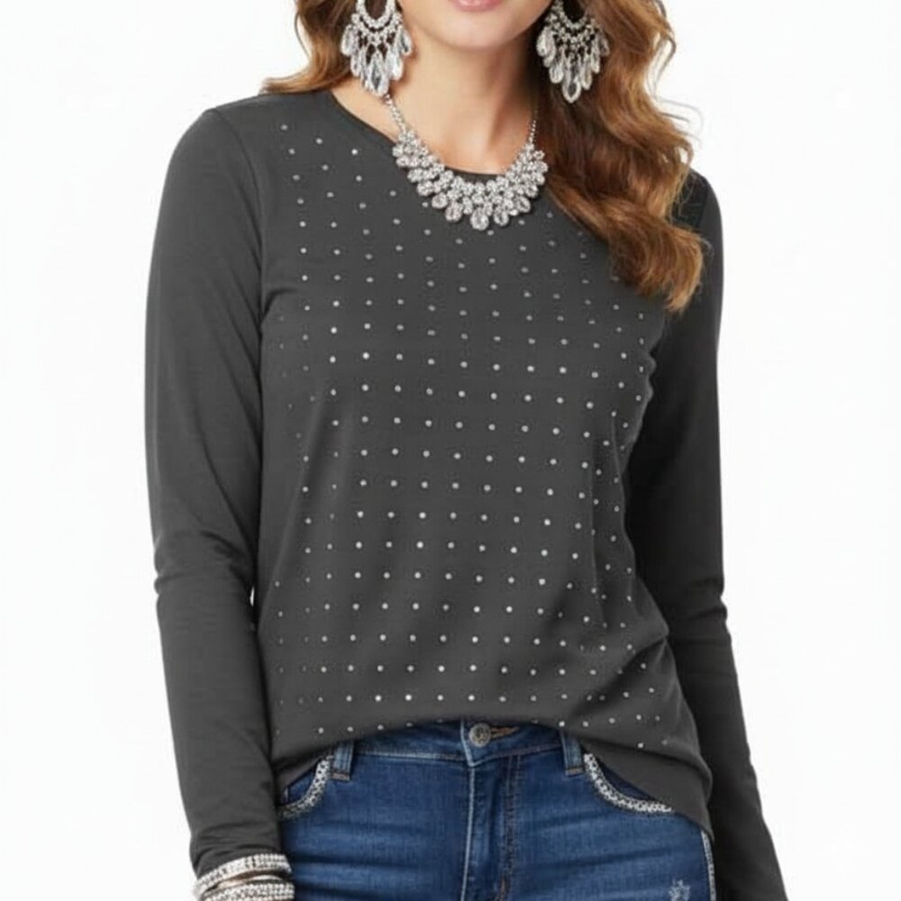 Ann Taylor Factory Navy/Silver Studded Long Sleeve Embellished Tee - Small